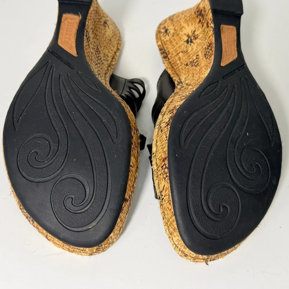 Born Drilles Woven Wedge Sandals Womens Size 9 Black Leather Raffia Boho‎